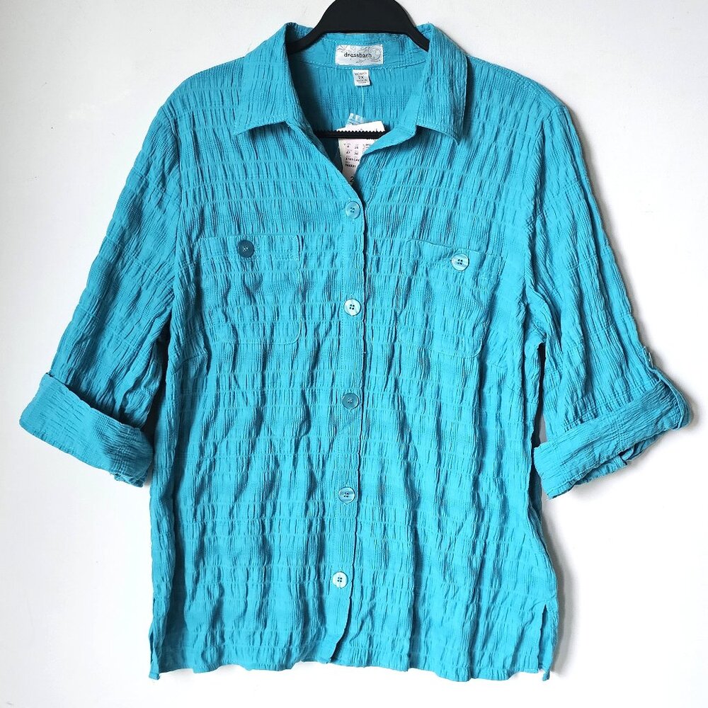 Dressbarn Womens 2X Turquoise Blue Crinkle Seersucker Roll Tab Button Down Shirt